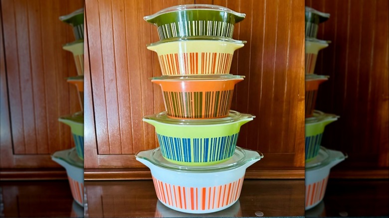 a stack of Pyrex Barcode Casserole Dishes