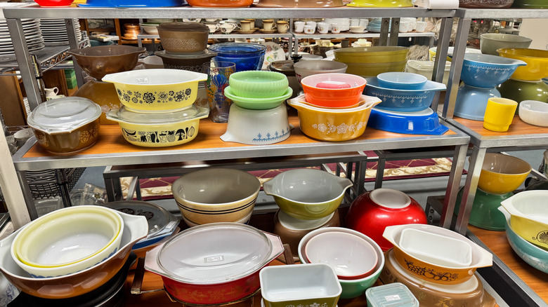 vintage Pyrex dishes on sale in a store
