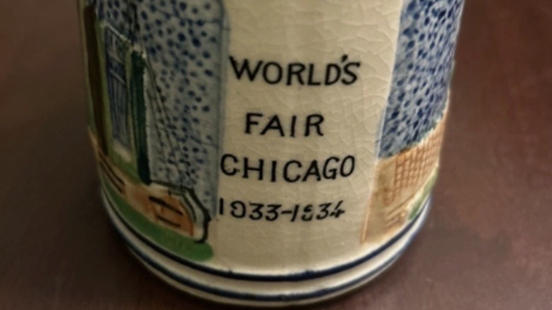 Close-up of the inscription on a vintage mug from the 1933-34 Chicago World's Fair.