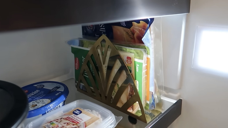 using a napkin holder as a vertical organizer in the fridge for narrow, flat packages of food