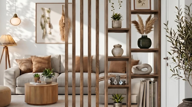 A wood slat room divider separating a living area
