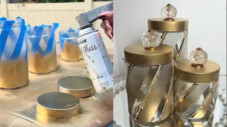 Set of three canisters for bathroom storage made from Dollar Tree glass jars with metal lids
