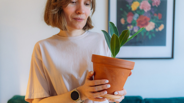 A woman holds a plain planter