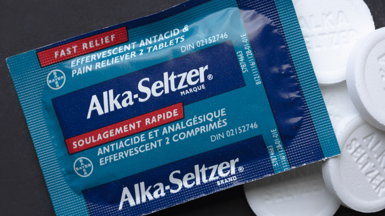 Close-up of a packet of Alka-Seltzer brand antacid tablets.