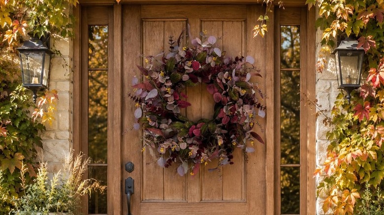 A purple and burgundy fall wreath on a wooden door