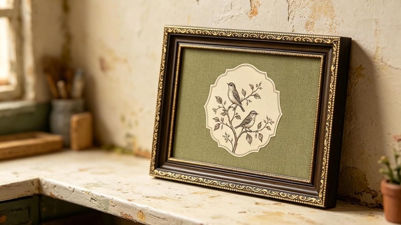 A vintage frame with a green background, birds, and florals, on a white, rustic countertop