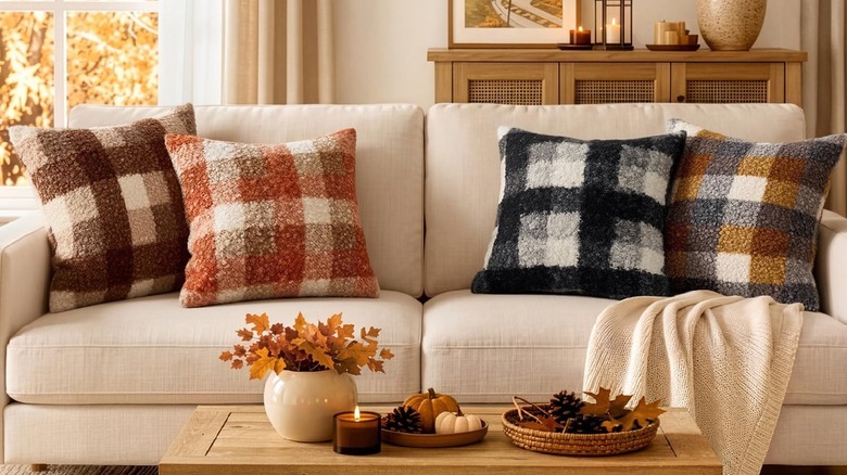 Four plaid boucle pillows on a tan couch in a living room in front of a coffee table with fall decor
