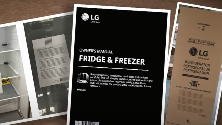 photos of LG's arbitration clauses taped to inside of fridge, the front of the fridge owner's manual, and the fridge cardboard box with the arbitration clause printed on it