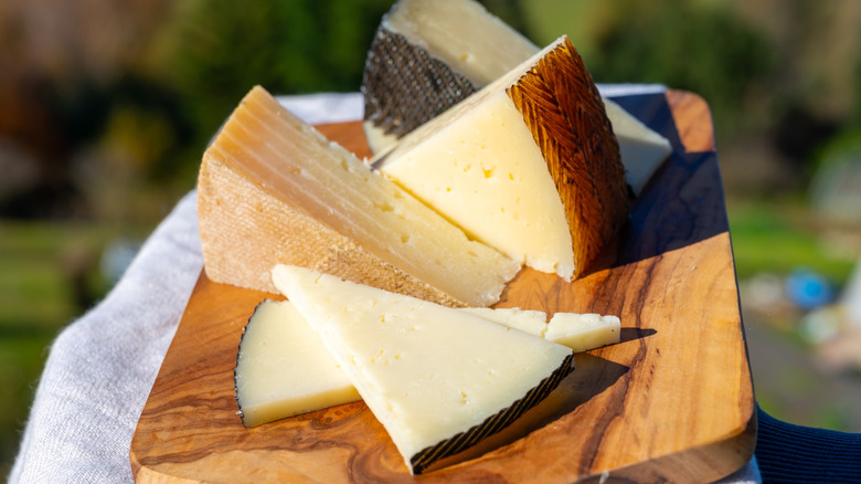 an assortment of hard cheeses on a cutting board outdoors
