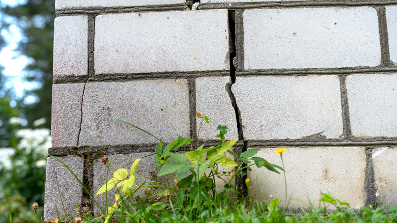 Deep cracks along the stone foundation of a home