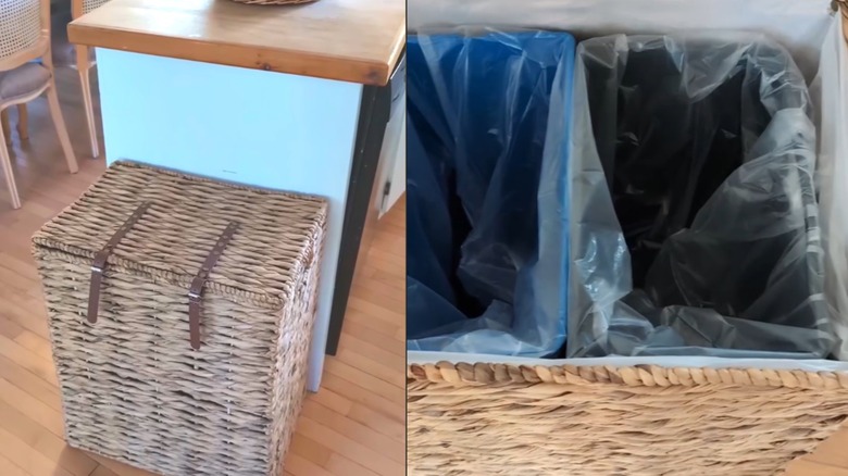 DIY hamper kitchen trash kin in classic kitchen with warm wood accents