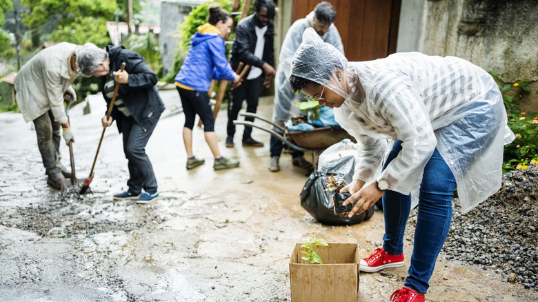 Neighbors working together to clean neighborhood