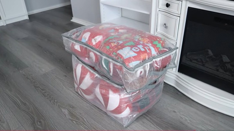 Christmas decorations stored inside clear storage bags