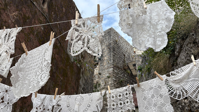 Doilies hanging from a clothesline