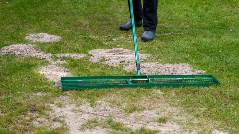 Man using rake and sand to level bumpy lawn
