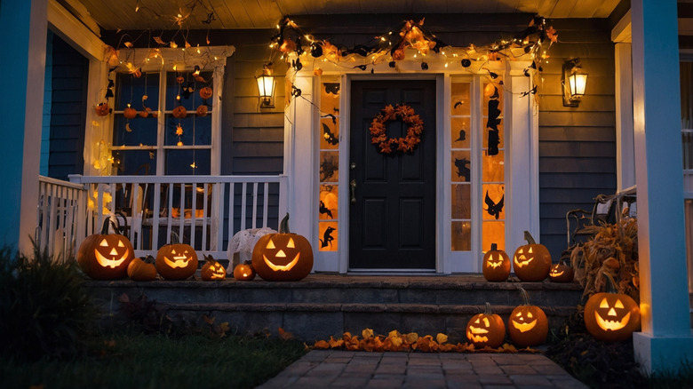 The exterior of a front porch at night decorated with Halloween decor