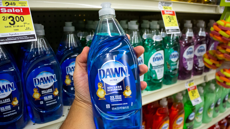 A person's hand holding blue Dawn dish soap while multi-colored dish soaps are on the shelf.