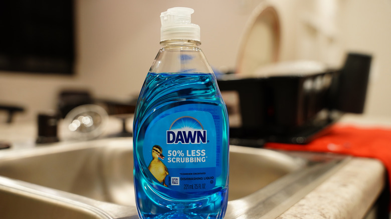 A plastic container of blue Dawn dish by a kitchen sinks.