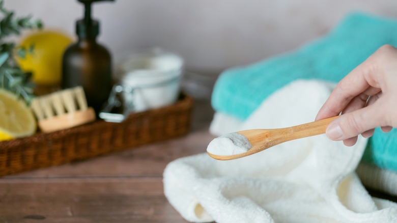 A hand holding a tablespoon of borax for cleaning