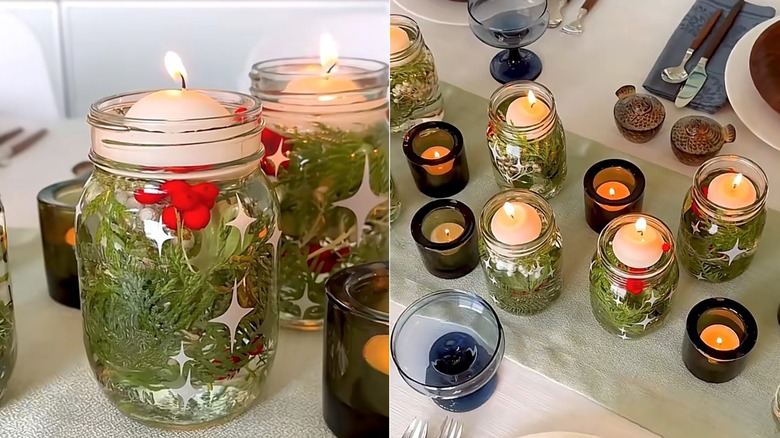 DIY floating candle centerpieces in etched jars