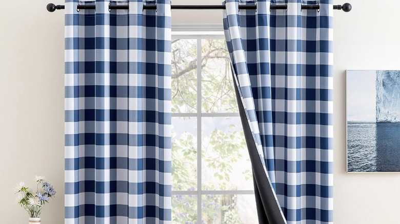 Blue and white buffalo check curtains