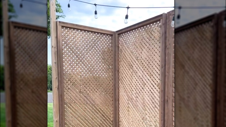 DIY lattice privacy fence outdoors beneath string lights and wood posts