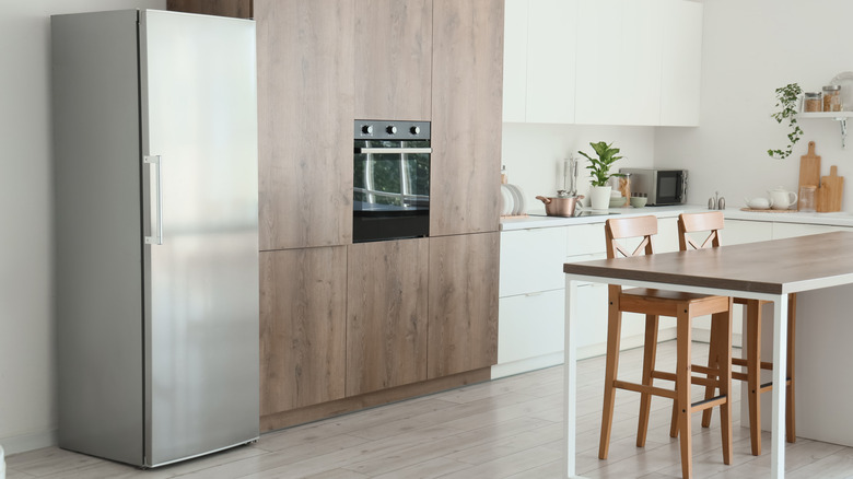 Modern kitchen with a freestanding refrigerator