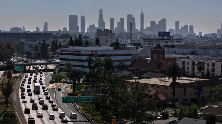 Heavy traffic moves through Los Angeles