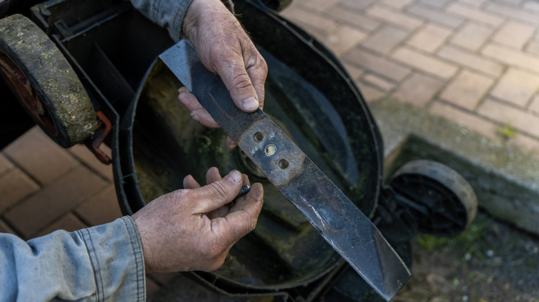 Man's hands holding a lawn mower blade along with its screws