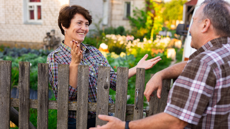 Neighbors chatting over the fence
