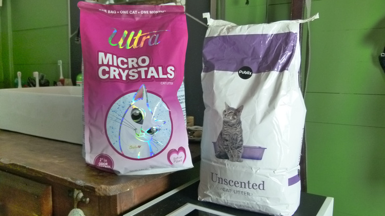 Bags of cat litter in a bathroom on top of a dehumidifier