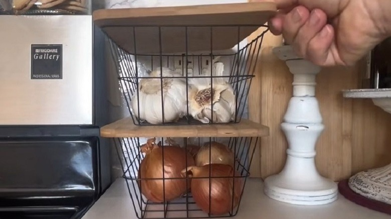 Dollar tree basket and cutting board turned into kitchen storage solution