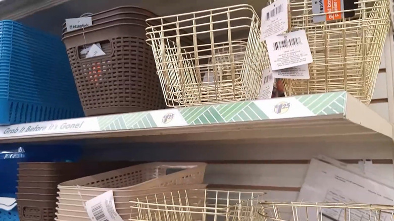 Rows of baskets and bins on the shelves at Dollar Tree