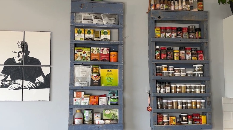Blue DIY pallet wood spice and tea rack with multiple tiers