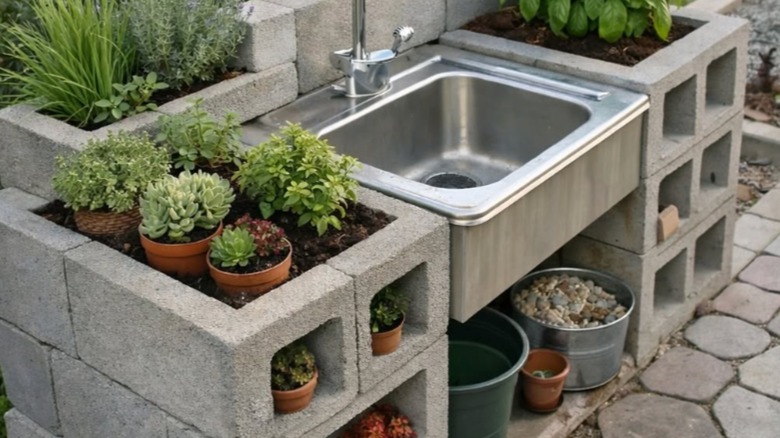 Stainless steel sink mounted in a structure made of concrete blocks