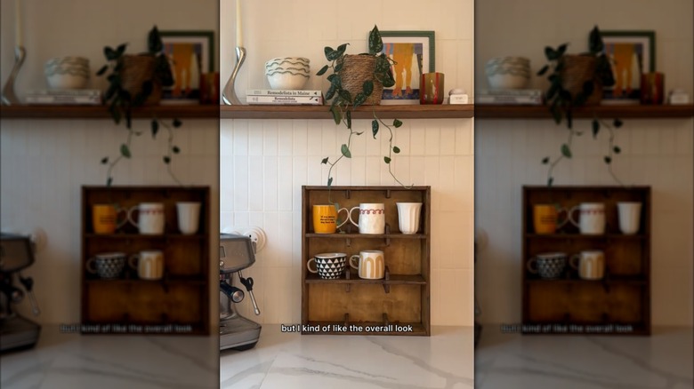 DIY mug shelf sitting on countertop