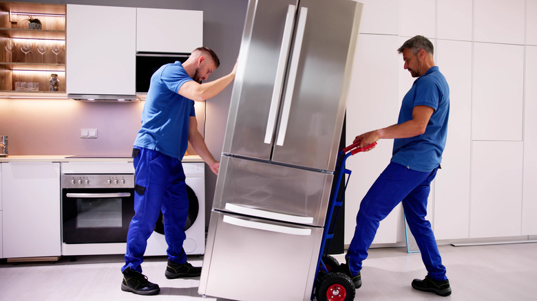 Pros installing a fridge