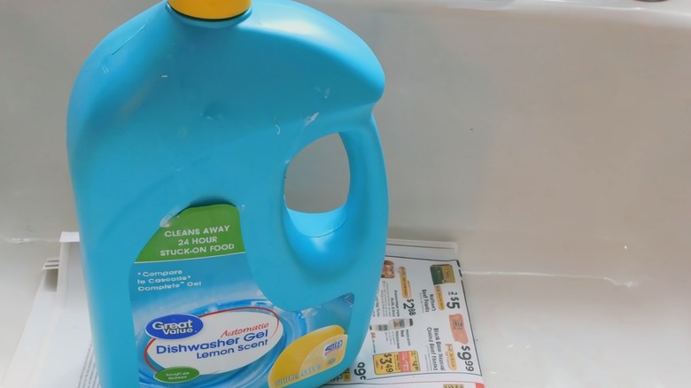 A bottle of Great Value automatic dishwasher gel.