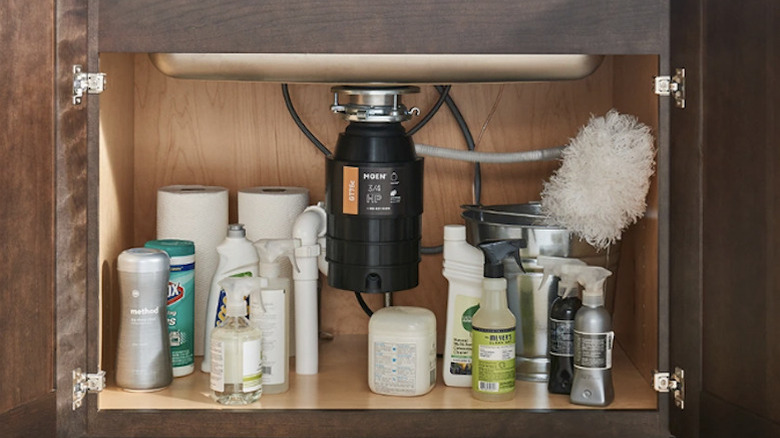 garbage disposal installed underneath sink with cleaning supplies around it