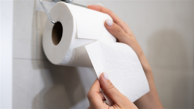 Person tearing piece of toilet paper off the roll