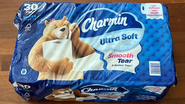 plastic-wrapped pack of Charmin ultra soft toilet paper