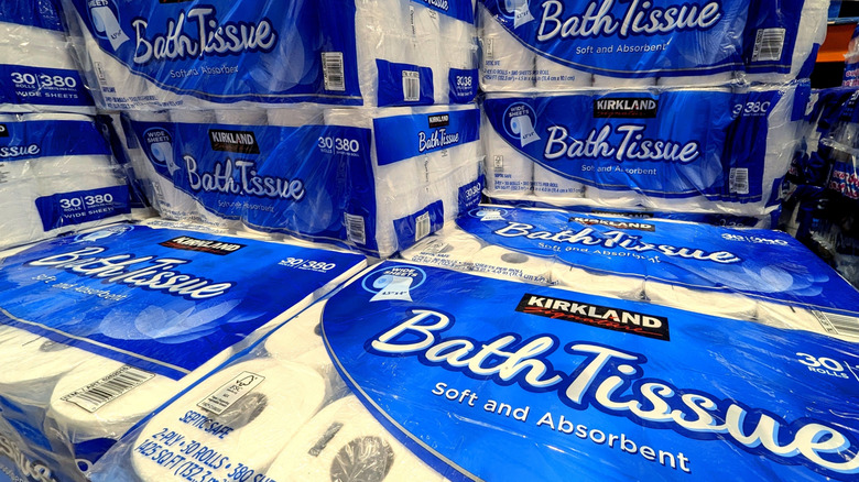 kirkland signature bath tissue stacks close up