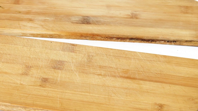 split in a wooden butcher block cutting board
