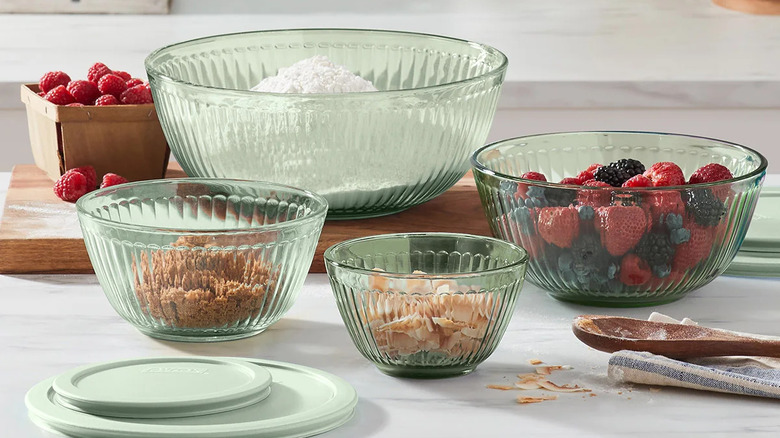 Costco's light sage green fluted Pyrex set of mixing bowls