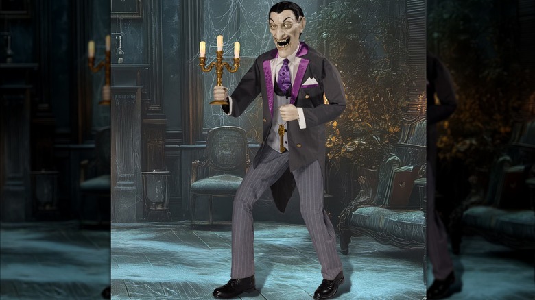 A sinister-looking vampire butler with a lit candelabra in its hand