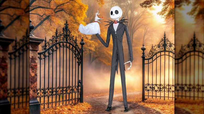 Jack Skellington holding his ghost dog, Zero, in front of a residence's gate