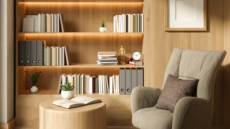 A cozy den with a shelf of earth-toned fabric covered books