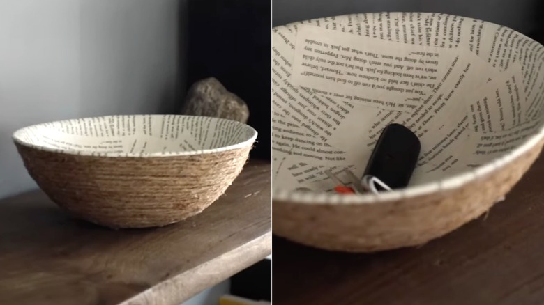 book page decoupaged bowl with jute twine exterior DIY