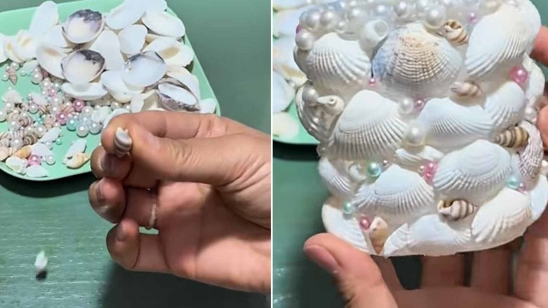Woman upcycling old container with seashells and pearls