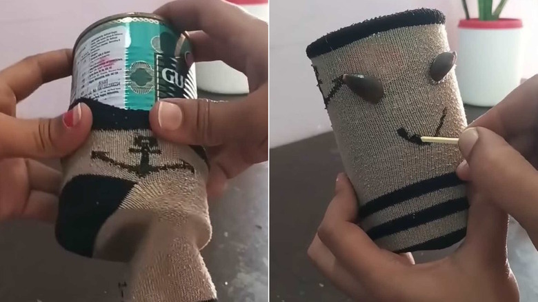 Woman turning old tin can and old sock into decorative container